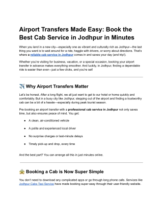Airport Transfers Made Easy: Book the Best Cab Service in Jodhpur in Minutes