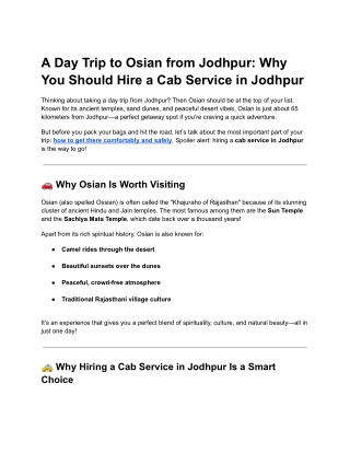 A Day Trip to Osian from Jodhpur: Why You Should Hire a Cab Service in Jodhpur