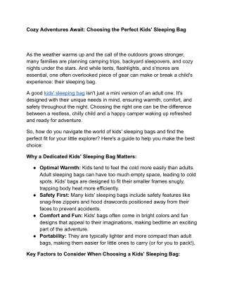 Cozy Adventures Await_ Choosing the Perfect Kids' Sleeping Bag