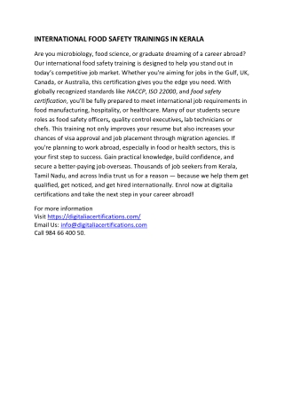 INTERNATIONAL FOOD SAFETY TRAININGS IN KERALA