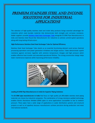 Premium Stainless Steel and Inconel Solutions for Industrial Applications
