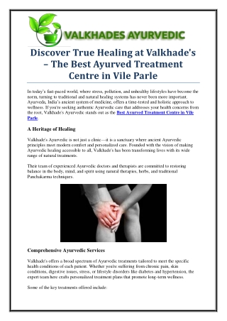 Experience Holistic Healing at the Best Ayurved Treatment Centre in Vile Parle