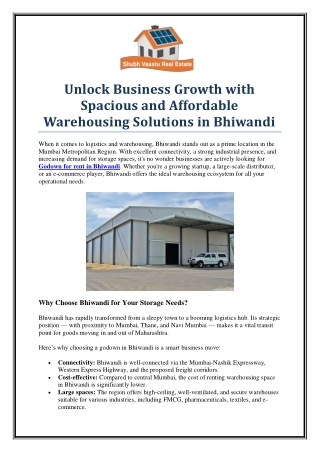 Get the Best Deals on Godown for Rent in Bhiwandi – Shubh Vaastu