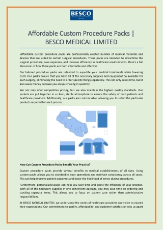 Affordable Custom Procedure Packs  BESCO MEDICAL LIMITED