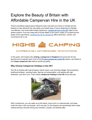 Explore the Beauty of Britain with Affordable Campervan Hire in the UK