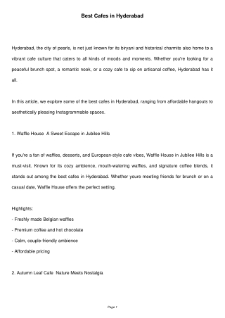 Discover the Best Cafes in Hyderabad for Coffee Lovers