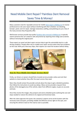 Need Mobile Dent Repair Paintless Dent Removal Saves Time & Money