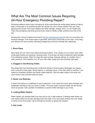 What Are The Most Common Issues Requiring 24-Hour Emergency Plumbing Repair