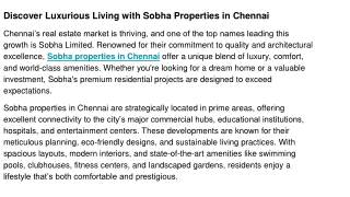 Discover Luxurious Living with Sobha Properties in Chennai