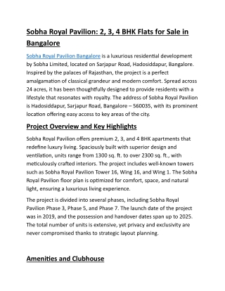 Sobha Royal Pavilion Bangalore