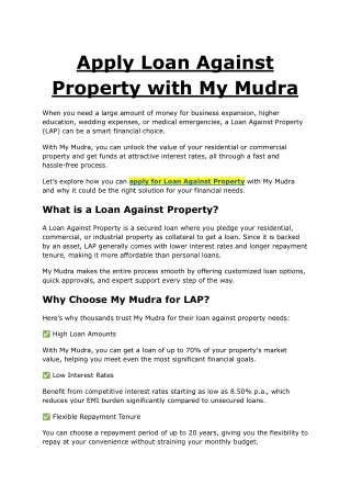 Apply Loan Against Property with My Mudra