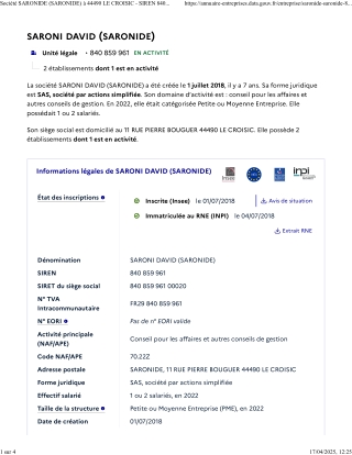 3 - Société SARONI DAVID (SARONIDE) à 44490 LE CROISIC - SIREN 840 859 961 _ L’Annuaire des Entreprises