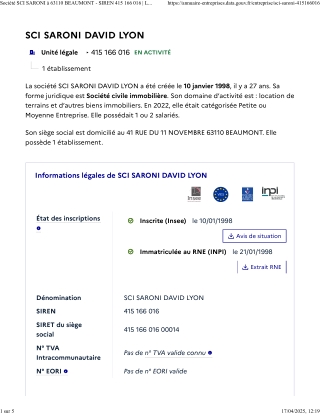 6 - Société SCI SARONI DAVID LYON  à 63110 BEAUMONT - SIREN 415 166 016 _ L’Annuaire des Entreprises