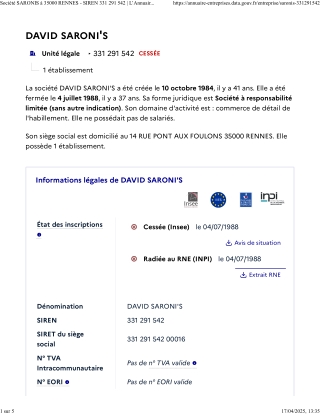 10 - Société SARONIS à 35000 RENNES - SIREN 331 291 542 _ L’Annuaire des Entreprises_ david saroni