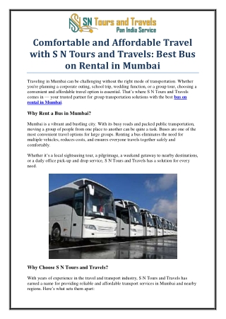 Affordable Bus on Rental in Mumbai – S N Tours and Travels