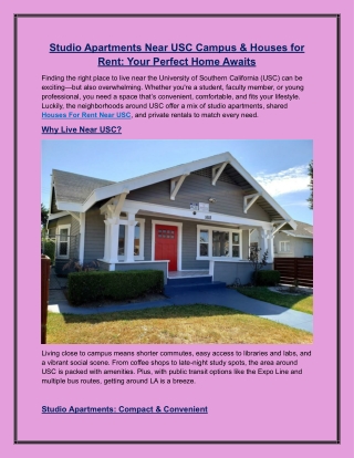 Studio Apartments Near USC Campus & Houses for Rent Your Perfect Home Awaits