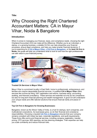 Why Choosing the Right Chartered Accountant Matters: CA in Mayur Vihar, Noida &