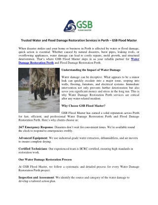 Trusted Water and Flood Damage Restoration Services in Perth – GSB Flood Master