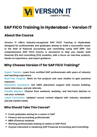 SAP FICO Training in Hyderabad | SAP Fico Course in Hyderabad - Version IT