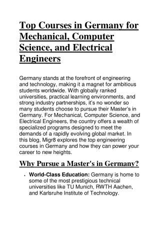 Top Courses in Germany for Mechanical, Computer Science, and Electrical Engineers