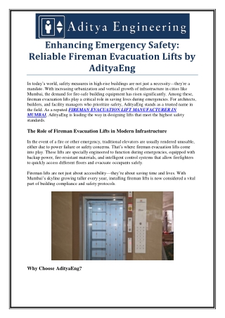 Best Fireman Evacuation Lift Manufacturer in Mumbai – Safe & Certified