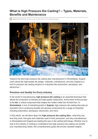 What is High Pressure Die Casting - Types Materials Benefits and Maintenance
