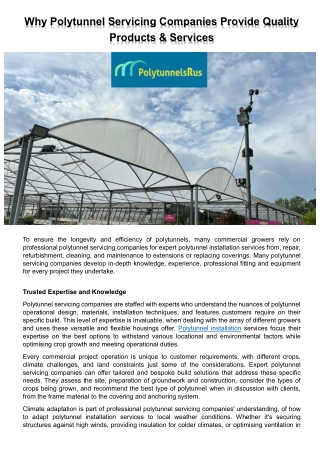 Why Polytunnel Servicing Companies Provide Quality Products & Services