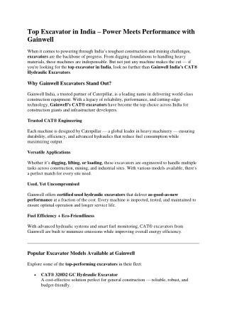 Top excavator in india  - gainwellindia