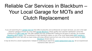 Reliable Car Services in Blackburn – Your Local Garage for MOTs and Clutch Replacement
