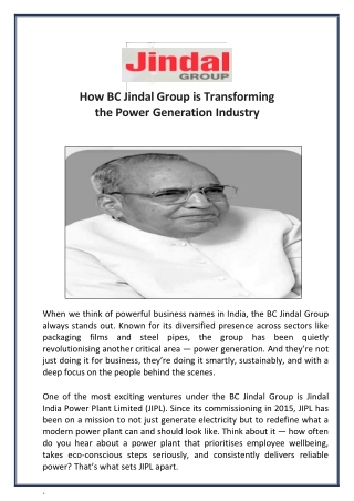How BC Jindal Group is Transforming the Power Generation Industry
