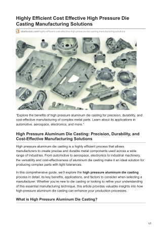 Highly Efficient Cost Effective High Pressure Die Casting Manufacturing Solutions