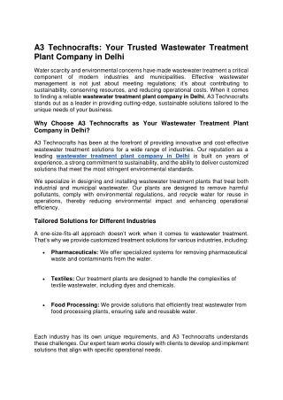 Top Wastewater Treatment Plant Company in Delhi – A3 Technocrafts