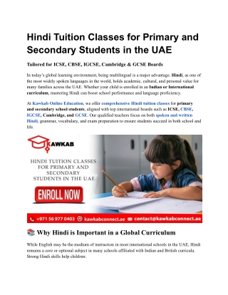 Hindi Tuition Classes for Primary and Secondary Students in the UAE