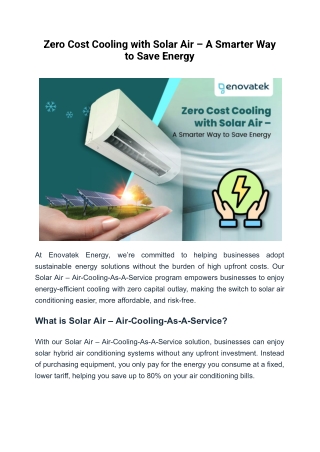Zero Cost Cooling with Solar Air – A Smarter Way to Save Energy