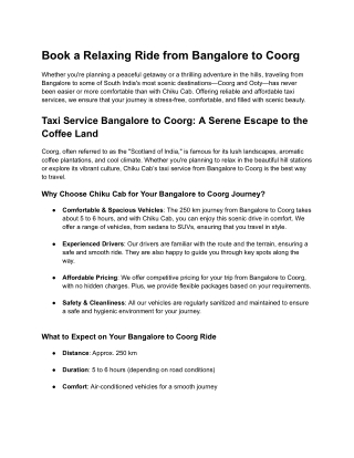 Book a Relaxing Ride from Bangalore to Coorg