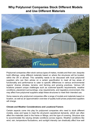 Why Polytunnel Companies Stock Different Models and Use Different Materials