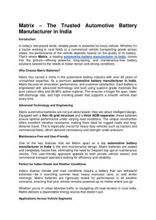 Trusted Automotive Battery Manufacturer in India – Matrix