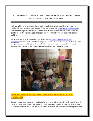 ECO-FRIENDLY UNWANTED RUBBISH REMOVAL RECYCLING & RESPONSIBLE WASTE DISPOSAL