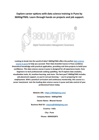 Become job-ready with data science training in Pune from 360DigiTMG. Live projec