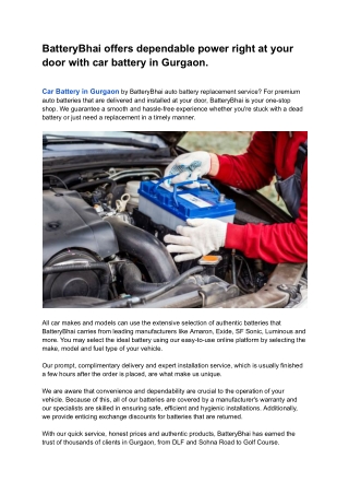 BatteryBhai offers dependable power right at your door with car batteries in Gurgaon