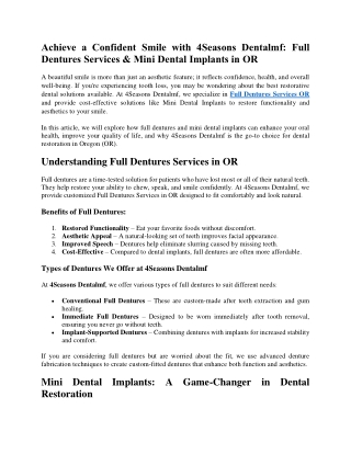 Achieve a Confident Smile with 4Seasons Dentalmf Full Dentures Services & Mini Dental Implants in OR
