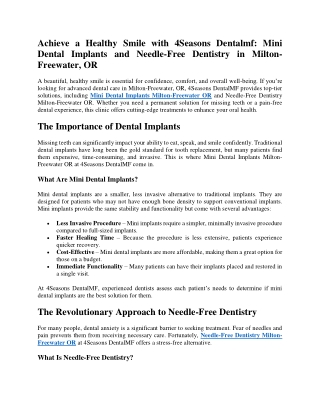 Achieve a Healthy Smile with 4Seasons Dentalmf Mini Dental Implants and Needle-Free Dentistry in Milton-Freewater, OR