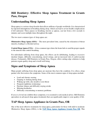 Hill Dentistry Effective Sleep Apnea Treatment in Grants Pass, Oregon