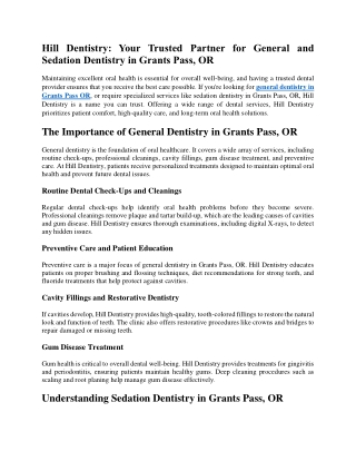 Hill Dentistry Your Trusted Partner for General and Sedation Dentistry in Grants Pass, OR