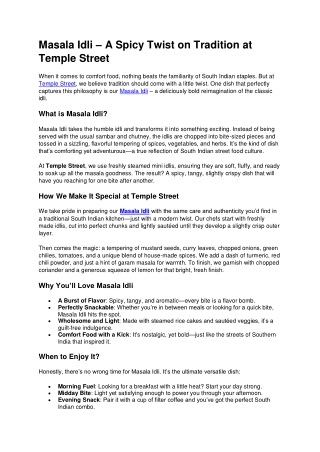 Masala Idli – A Spicy Twist on Tradition at Temple Street