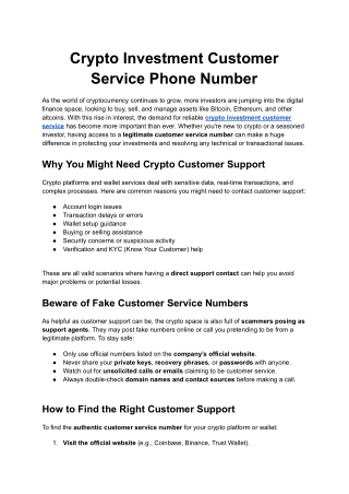 Crypto Investment Customer Care Number