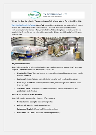 Water Purifier Supplier in Taiwan – Green-Tak: Clean Water for a Healthier Life