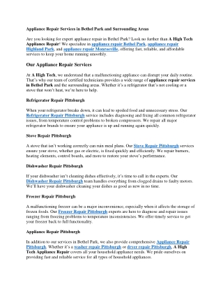 Appliance Repair Services in Bethel Park and Surrounding Areas