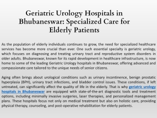 Geriatric Urology Hospitals in Bhubaneswar Specialized Care for Elderly Patients