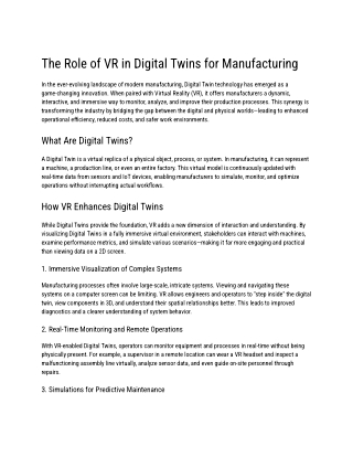 The Role of VR in Digital Twins for Manufacturing